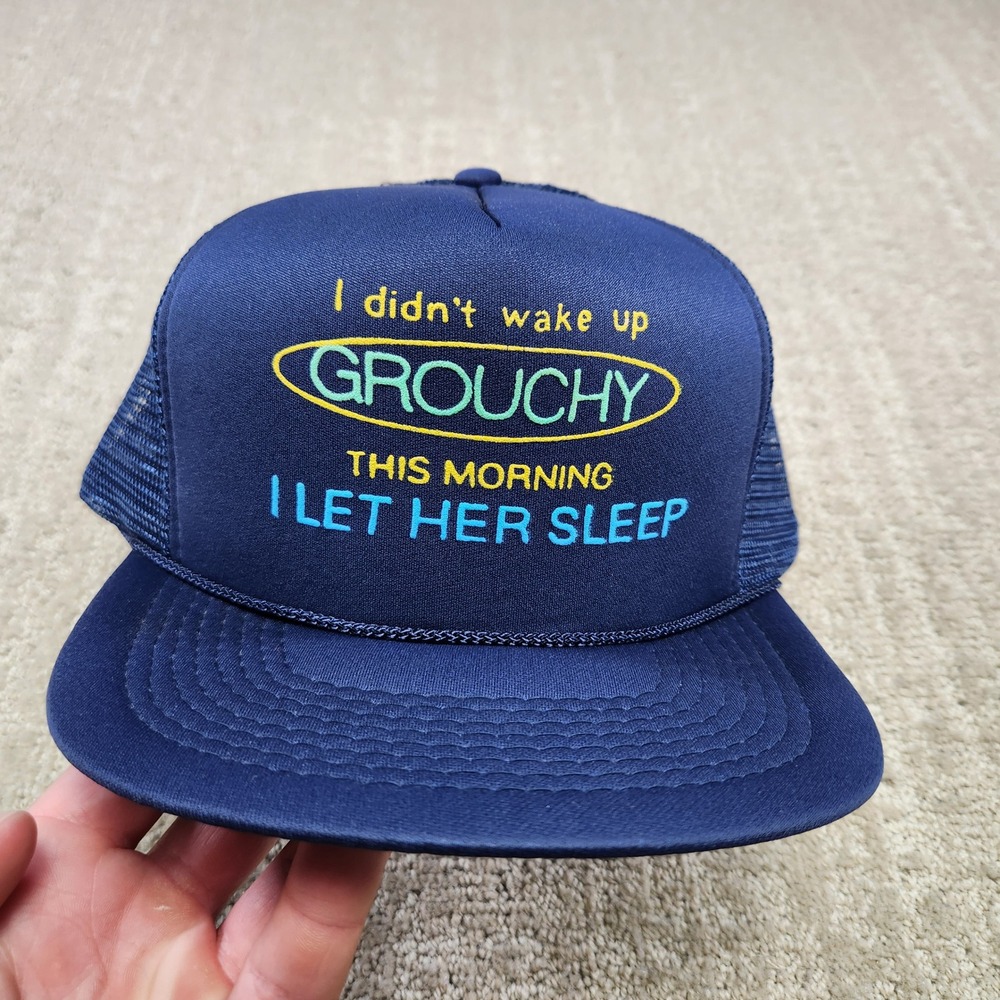 Vintage Grouchy Humorous Navy Blue Trucker Hat Snapback Cap Mens OSFM Mesh Back
